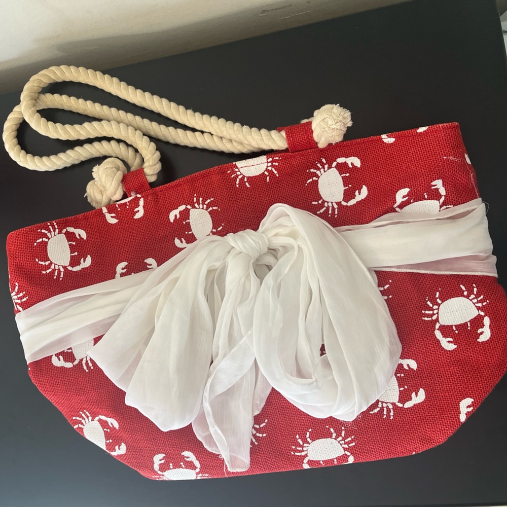 Mud Pie Red Crab Print Tote with White Scarf Accent Fun Summer Bag. Make Offer